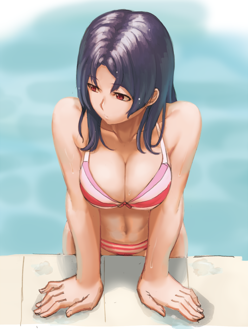 1girl, active_raid, bikini, black_hair, breasts, cleavage, collarbone, female_focus