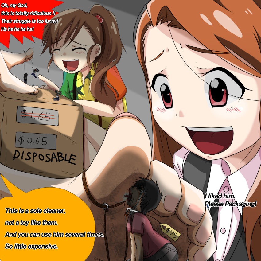 4girls, 5boys, barefoot, black_hair, box, brown_hair, collar, death, english_text, engrish_text, closed_eyes, feet, femdom, foot_focus, for_sale, futami_mami, giant, giantess, hanged, highres, idolmaster, idolmaster_(classic), kneeling, laughing, leash, licking, licking_foot, long_hair, minase_iori, multiple_boys, multiple_girls, noose, open_mouth, orange_hair, preesoul, price_tag, ranguage, rope, short_hair, side_ponytail, size_difference, slave, tears, teeth, tongue