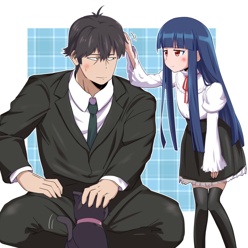 10s, 1boy, 1girl, black_hair, black_thighhighs, blue_hair, blush, brown_eyes