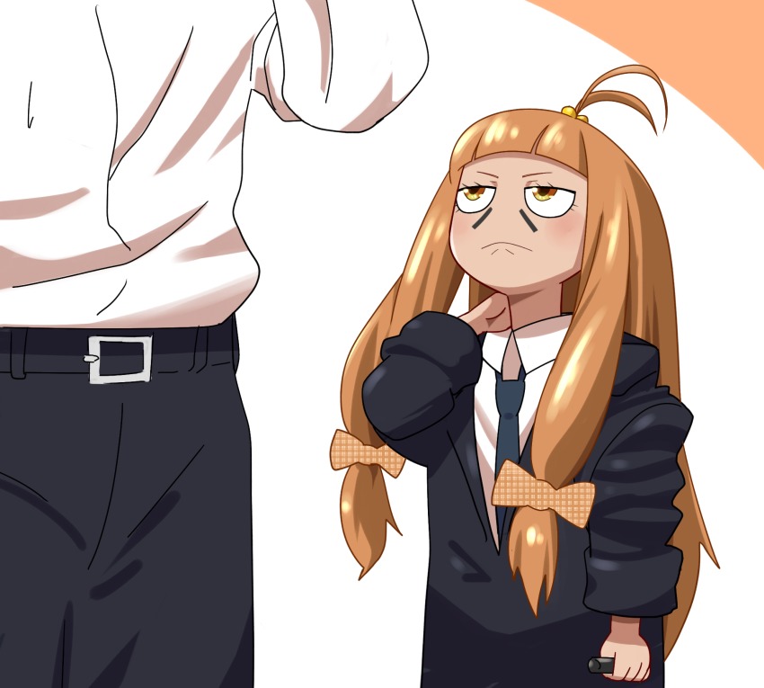 1boy, 1girl, belt, blunt_bangs, brown_eyes, brown_hair, business_suit, cosplay