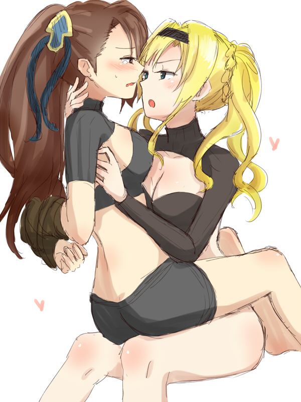 10s, 2girls, arms_behind_back, ass, bdsm, beatrix_(granblue_fantasy), bike_shorts, blonde_hair, blush, bondage, bound, breasts, brown_eyes, brown_hair, cleavage, femdom, granblue_fantasy, hairband, heart, long_hair, michigan, multiple_girls, open_mouth, sitting, sitting_on_lap, sitting_on_person, sketch, tears, yuri, zeta_(granblue_fantasy)