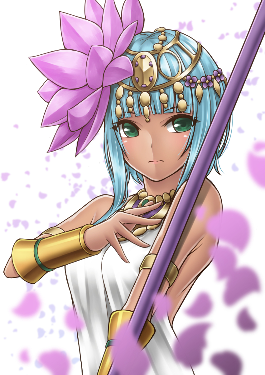 1girl, absurdres, aqua_hair, armlet, bare_shoulders, blurry, blush, bracer