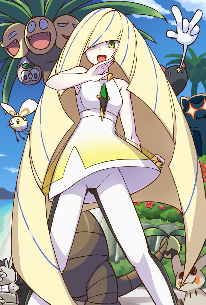 1girl, alolan_exeggutor, alolan_form, alolan_raticate, blonde_hair, cutiefly, dress, gen_1_pokemon