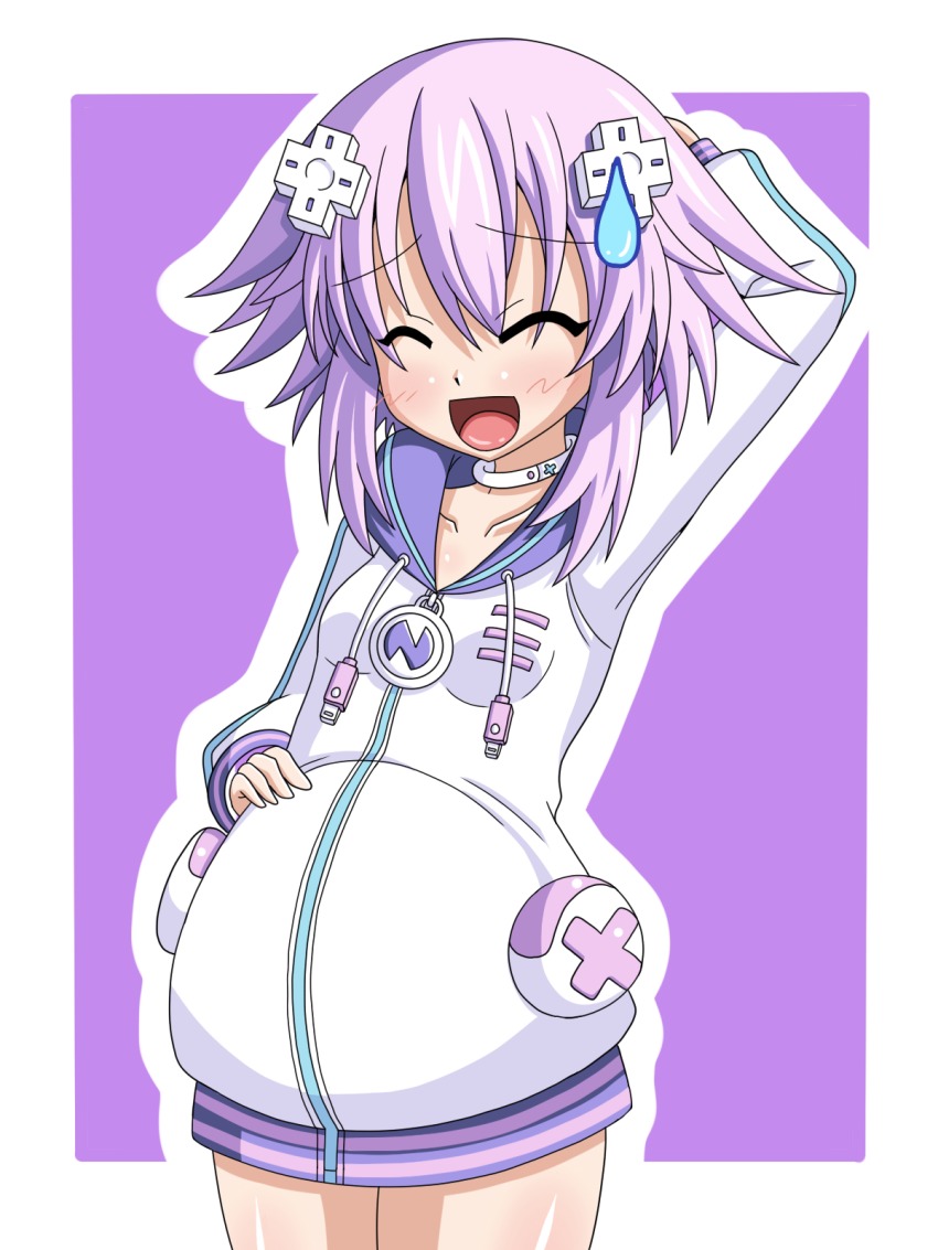 10s, 1girl, big_belly, chagama_(tyagama0927), choker, d-pad, female_focus, hair_ornament, highres, neptune_(neptunia), neptune_(series), open_mouth, power_symbol, pregnant, purple_hair, solo, sweatdrop