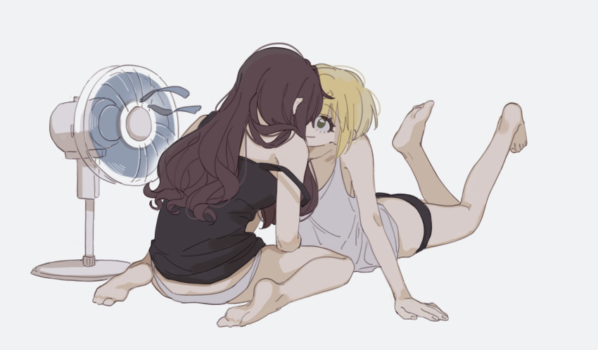 10s, 2girls, ahn, arm_support, black_hair, black_panties, blonde_hair, electric_fan