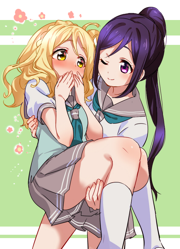 10s, 2girls, ;), bad_id, bad_pixiv_id, blonde_hair, blush, braid