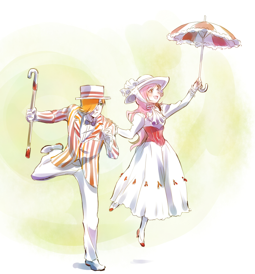 1boy, 1girl, bert_(mary_poppins), bert_(mary_poppins)_(cosplay), cane, cosplay, full_body, hair_over_one_eye