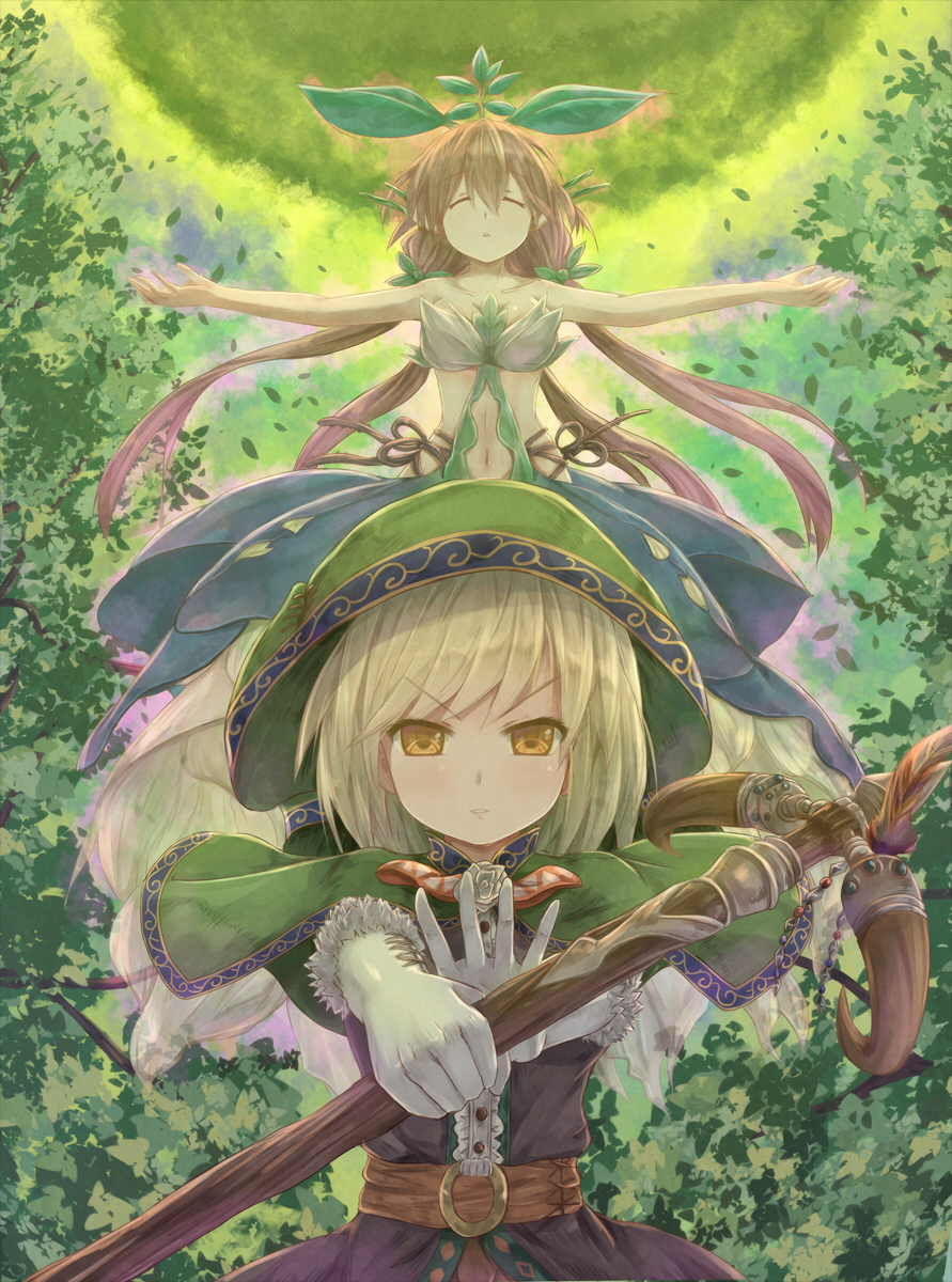 >:|, 10s, 2girls, :|, bare_arms, blonde_hair, blush, breasts