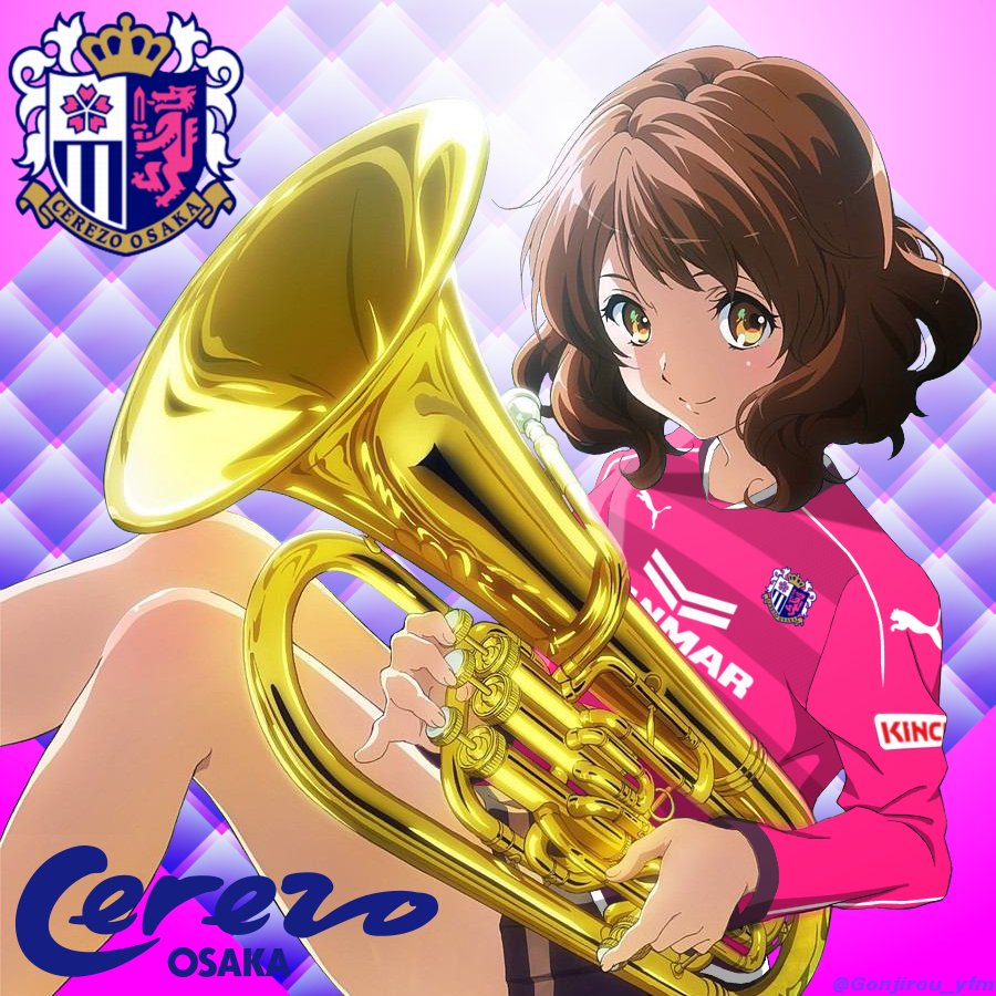 10s, 1girl, brown_eyes, brown_hair, lens_eye, cerezo_osaka, emblem, euphonium