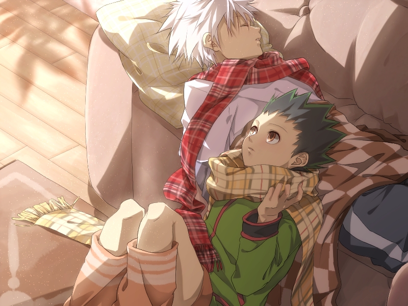 2boys, black_hair, blanket, brown_eyes, couch, fringe_trim, gon_freecss, green_jacket