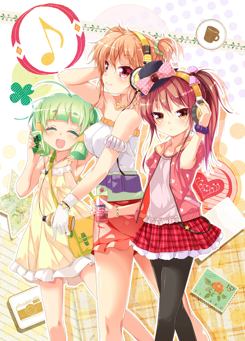 3girls, :d, ^_^, ahoge, arm_scrunchie, bag, bare_shoulders, black_legwear