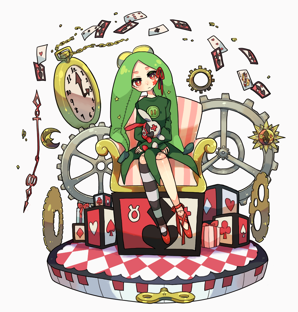 asymmetrical_footwear, crayon_shin-chan, doll, dress, green_dress, green_hair, higashi_(azm), mismatched_footwear