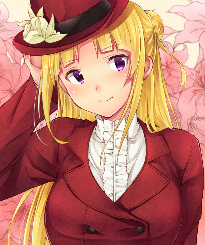 10s, 1girl, blonde_hair, buttons, female_focus, floral_background, flower, flower_on_head, formal_clothes, frills, hair_bun, hand_on_own_head, hat, long_hair, long_sleeves, ortfine_fredericka_von_elystadt, ortfine_fredericka_von_eylstadt, purple_eyes, red_suit, shuumatsu_no_izetta, single_hair_bun, sk02, smile, solo, suit, upper_body