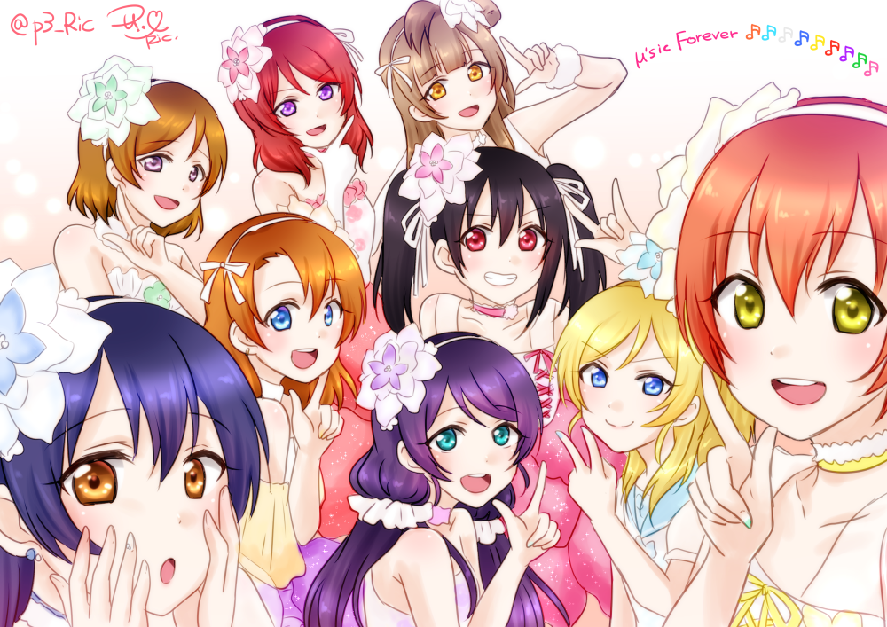 10s, 6+girls, :d, ayase_eli, bokutachi_wa_hitotsu_no_hikari, choker, dress, earrings
