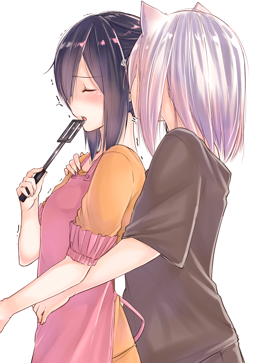 2girls, animal_ears, apron, biting, black_hair, black_shirt, blush, closed_eyes, biting_ear, eargasm, eyebrows, fox_ears, from_side, hair_over_one_eye, hand_on_another's_shoulder, hand_on_another's_stomach, highres, holding, hug, hug_from_behind, kyoo-kyon_(kyo-kyon), motion_lines, multiple_girls, nose_blush, open_mouth, original, pink_apron, shirt, simple_background, sleeves_rolled_up, spatula, suzunari_arare, suzunari_shizuku, trembling, uncommon_stimulation, white_background, white_hair, yuki_arare, yuri