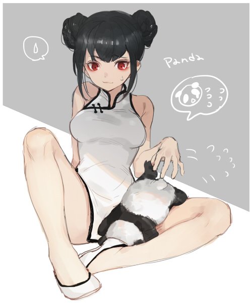 1girl, animal, black_hair, breasts, china_dress, chinese_clothes, double_bun, dress, eyeliner, female_focus, flats, full_body, hair_bun, makeup, medium_breasts, original, panda, red_eyes, short_hair, sitting, sleeveless, sleeveless_dress, solo, spoken_sweatdrop, sugimoto_(niboshiumai), sweatdrop, white_dress