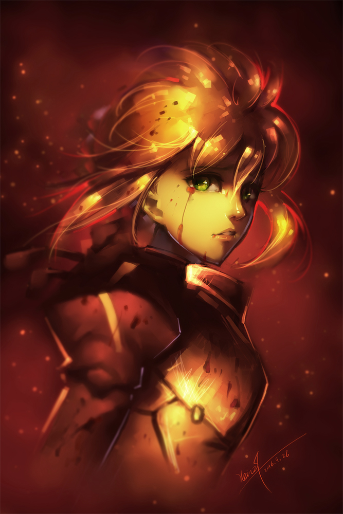 10s, 1girl, 2016, armor, artist_name, artoria_pendragon_(fate), blonde_hair, blood, blood_on_clothes, blood_on_face, bloody_tears, breastplate, crying, dated, fate/grand_order, fate/stay_night, fate_(series), female_focus, from_side, green_eyes, hein27, light_particles, lips, long_hair, long_sleeves, looking_at_viewer, nose, orange_theme, parted_lips, saber_(fate), sad, scratches, solo, sparks, teeth, upper_body