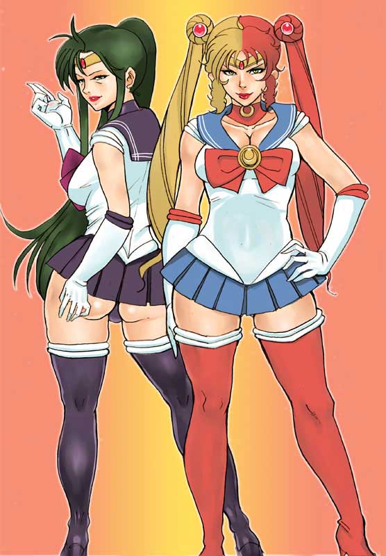 2girls, ass, bishoujo_senshi_sailor_moon, black_neckwear, blue_sailor_collar, blue_skirt, boots, bow, breasts, chara_soon, cima_garahau, cleavage, cosplay, gundam, in-franchise_crossover, large_breasts, lips, magical_girl, mature_female, miniskirt, mokuzou, mokuzou_zabuton, multicolored_hair, multiple_girls, red_bow, sailor_collar, sailor_moon, sailor_moon_(cosplay), sailor_pluto, sailor_pluto_(cosplay), sailor_senshi, skirt, split-color_hair, thigh_boots, thighhighs, two-tone_hair