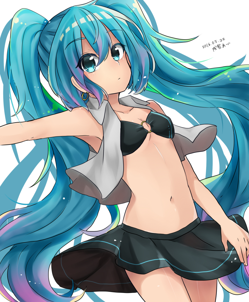 10s, 1girl, 2016, bad_id, bad_pixiv_id, bikini, bikini_top_only, black_bikini, black_bra, black_skirt, blue_eyes, blue_hair, bra, breasts, cleavage, collarbone, dated, earrings, female_focus, hatsune_miku, highres, jewelry, long_hair, looking_at_viewer, matching_hair/eyes, narumiyaaz, navel, o-ring, o-ring_top, signature, skirt, small_breasts, solo, swimsuit, twintails, underboob, underwear, vocaloid