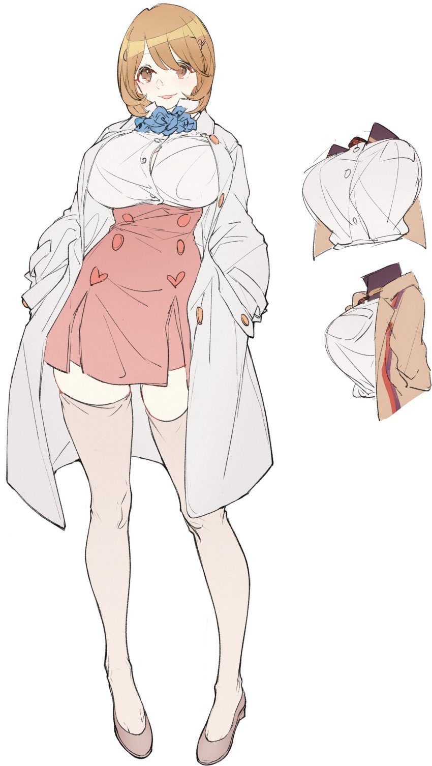 10s, 1girl, absurdres, breasts, brown_eyes, brown_hair, bursting_breasts, chuzenji, coat, full_body, hair_ornament, high-waist_skirt, highres, huge_breasts, multiple_views, narusawa_ryouka, occultic;nine, school_uniform, science_adventure, short_hair, skirt, smile, standing, thighhighs, zettai_ryouiki