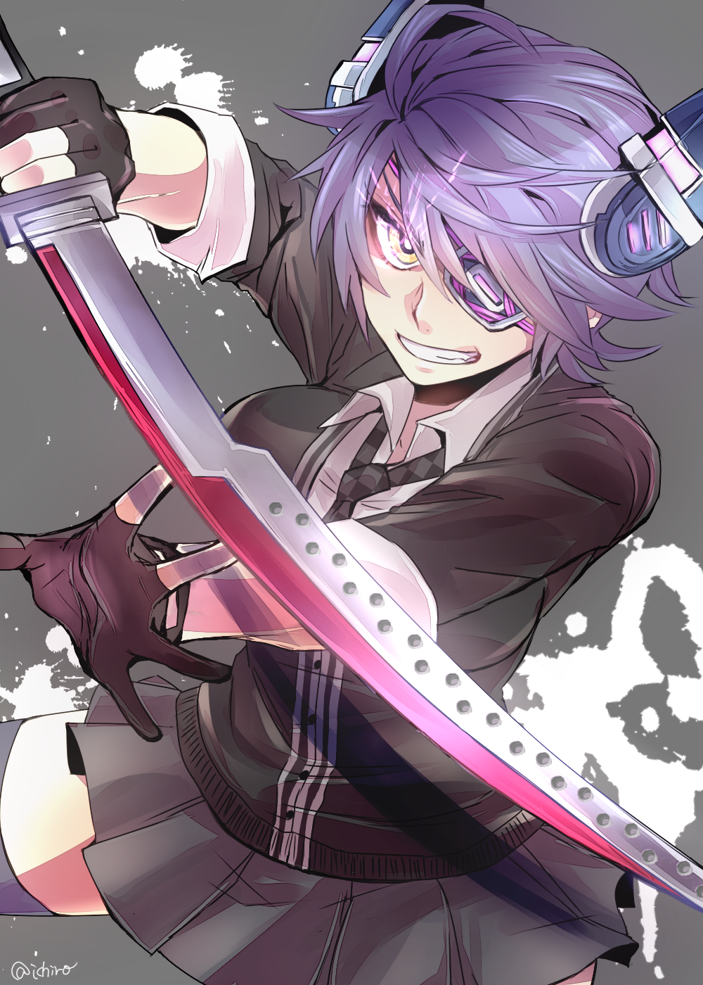 10s, 1girl, bad_id, bad_pixiv_id, breasts, checkered_clothes, checkered_necktie, checkered_neckwear, eyepatch, female_focus, fingerless_gloves, gloves, greyscale, headgear, highres, kantai_collection, large_breasts, looking_at_viewer, monochrome, necktie, partially_fingerless_gloves, purple_hair, school_uniform, short_hair, skirt, solo, sword, tenryuu_(kancolle), thighhighs, torihada_ichirou, two-tone_background, weapon, yellow_eyes