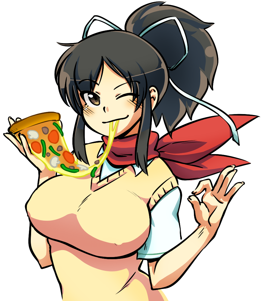 10s, 1girl, asuka_(senran_kagura), black_hair, blush, breasts, brown_eyes, colorfag, covered_erect_nipples, eating, female_focus, food, hair_ribbon, large_breasts, long_hair, looking_at_viewer, nyxondyx, one_eye_closed, pizza, ponytail, ribbon, senran_kagura, smile, solo, upper_body, wink