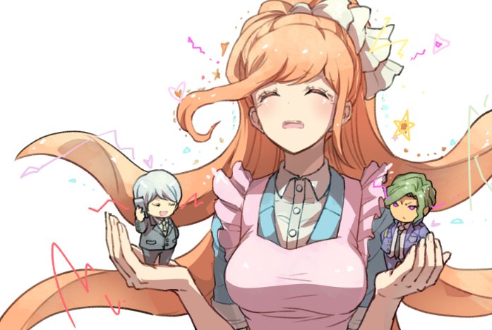 10s, 1girl, 2boys, cellphone, chibi, closed_eyes, danganronpa_(series), danganronpa_3_(anime)