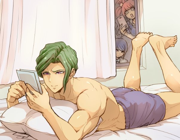 10s, 1boy, 2girls, barefoot, black_hair, blonde_hair, blue_eyes, boxers