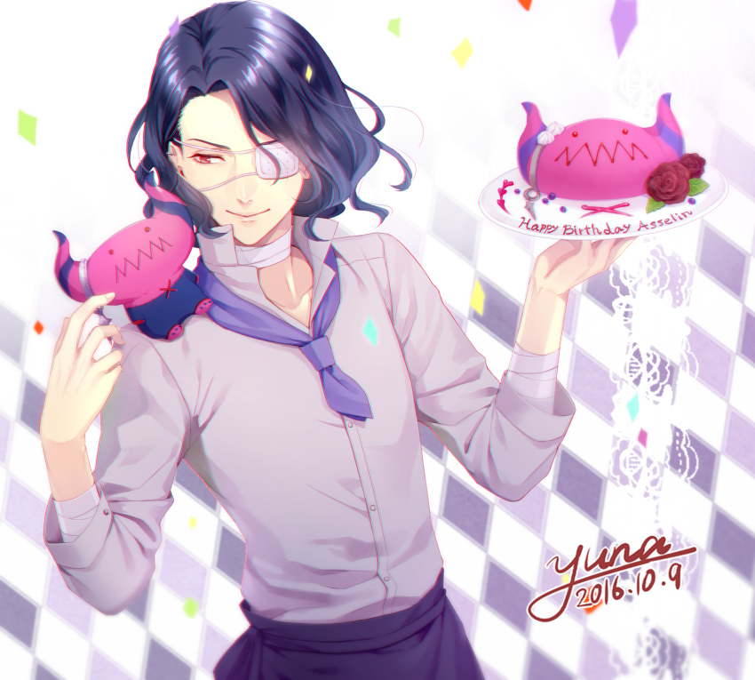 10s, 1boy, 2016, apron, artist_name, asselin_bb_ii, bandages, character_name, chef, confetti, cursive, dated, earrings, eyepatch, happy_birthday, highres, idolmaster, idolmaster_side-m, jewelry, lips, looking_at_another, male_focus, purple_hair, red_eyes, satan_(idolmaster), signature, smile, solo, stuffed_toy, waist_apron, wavy_hair, yuna_(yuna_plus)