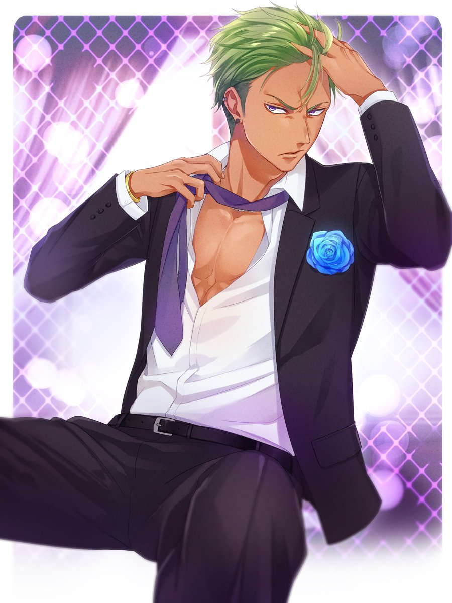 1boy, belt, blue_flower, blue_rose, dark-skinned_male, dark_skin, dress_shirt, earrings, flower, formal_clothes, green_hair, hand_in_own_hair, highres, jewelry, king_of_prism, king_of_prism_by_prettyrhythm, looking_at_viewer, male_focus, necktie, pectoral_cleavage, pectorals, pretty_rhythm, pretty_series, purple_eyes, rose, shirt, sitting, solo, sparkle, spread_legs, suit, undressing, yamato_alexander, yuna_(yuna_plus)