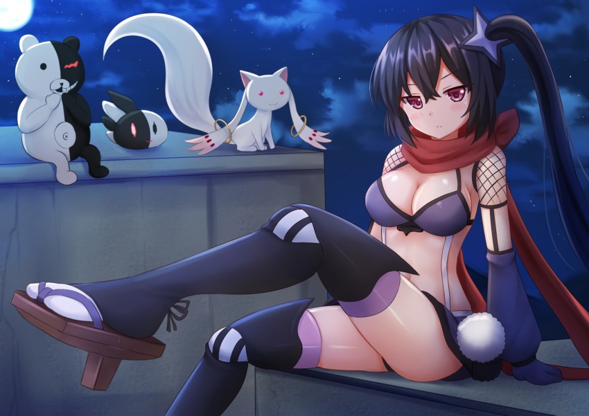 10s, 1girl, 3others, armor, bear, black_hair, black_thighhighs, blush, breasts, cleavage, crossover, danganronpa_(series), detached_sleeves, fav_(mahoiku), fishnets, from_side, full_moon, geta, highres, kazenokaze, kyubey, long_hair, looking_at_viewer, looking_to_the_side, mahou_shoujo_ikusei_keikaku, mahou_shoujo_madoka_magica, mahou_shoujo_madoka_magica_(anime), medium_breasts, monokuma, moon, multiple_crossover, multiple_others, navel, night, ninja, pink_eyes, pom_pom_(clothes), red_scarf, ripple_(mahoiku), scarf, shuriken_hair_ornament, side_ponytail, sideboob, sitting, sky, stomach, tabi, thighhighs, trait_connection