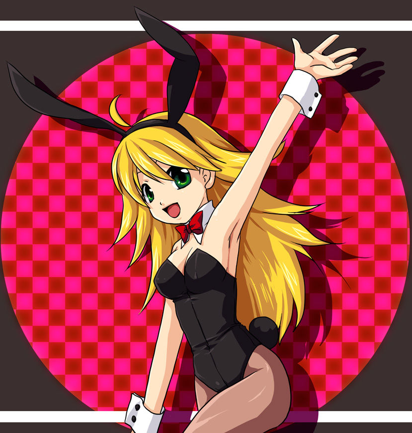 00s, 1girl, animal_ears, armpits, blonde_hair, fake_animal_ears, female_focus, green_eyes, hoshii_miki, idolmaster, idolmaster_(classic), idolmaster_1, inpr, pantyhose, playboy_bunny, rabbit_ears, smile, solo