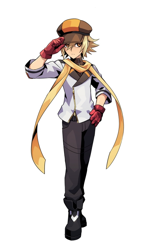 1boy, asrock_(gunvolt), azure_striker_gunvolt, blonde_hair, gloves, hat, official_art, orange_eyes