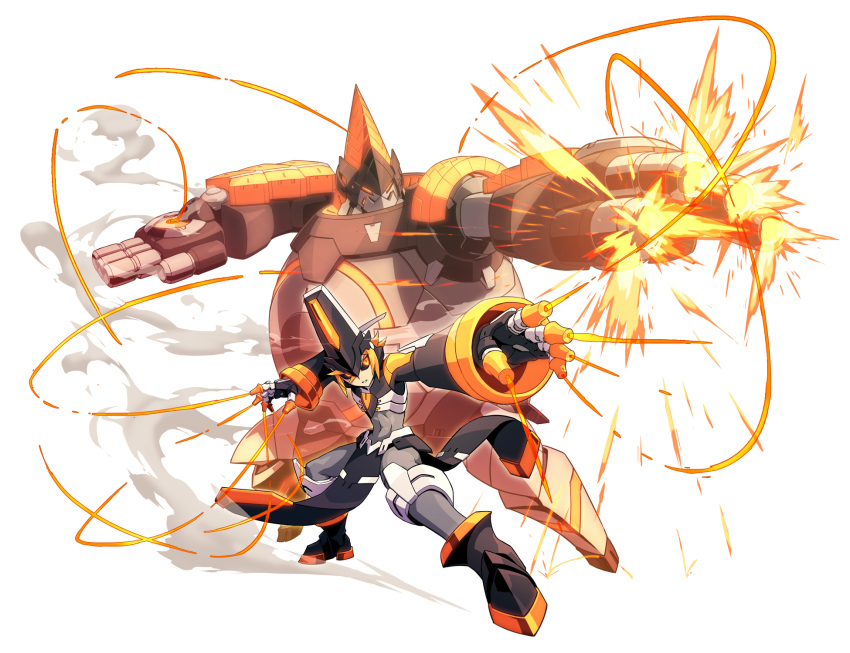 1boy, armor, asrock_(gunvolt), azure_striker_gunvolt, black_sclera, colored_sclera, fire, highres
