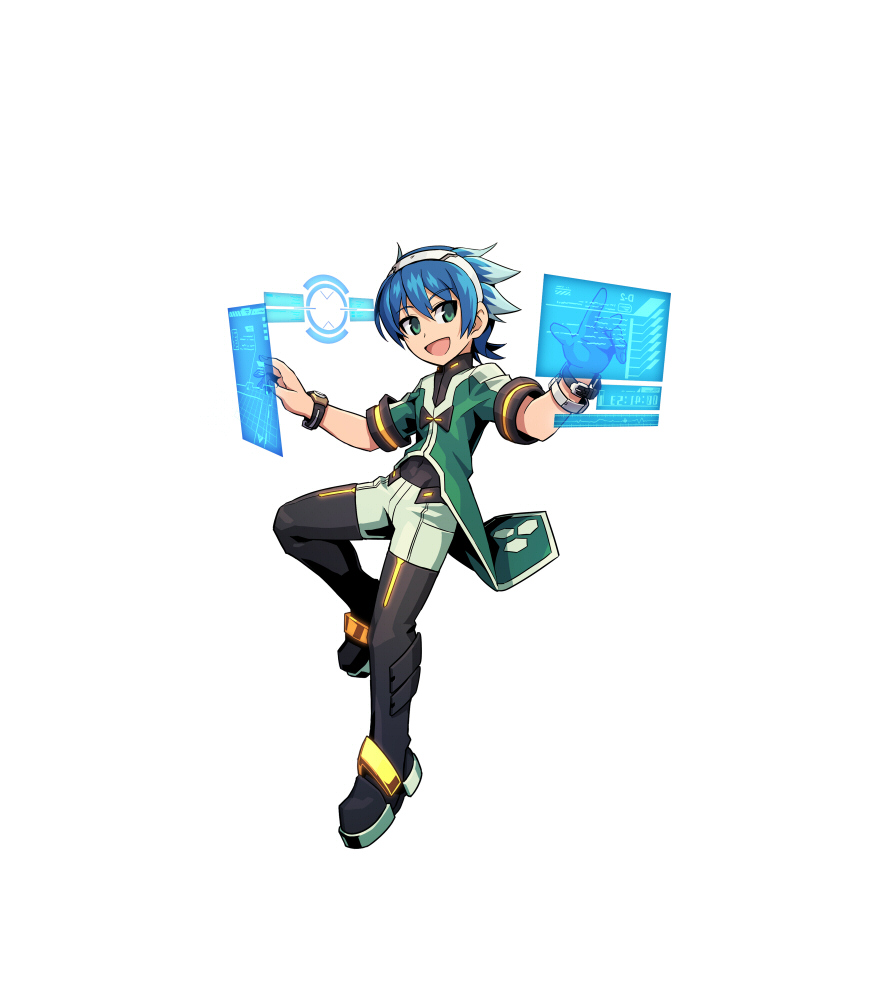 1boy, azure_striker_gunvolt, blue_hair, green_eyes, official_art, open_mouth, short_hair, xiao_wu_(gunvolt)