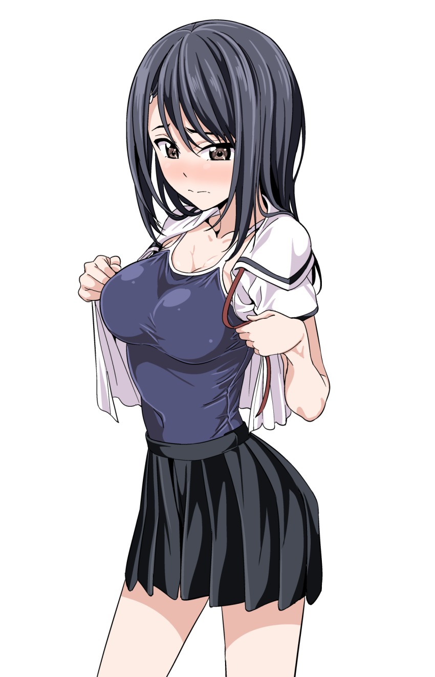 1girl, aho_girl, black_hair, blush, breasts, brown_eyes, cowboy_shot, female_focus