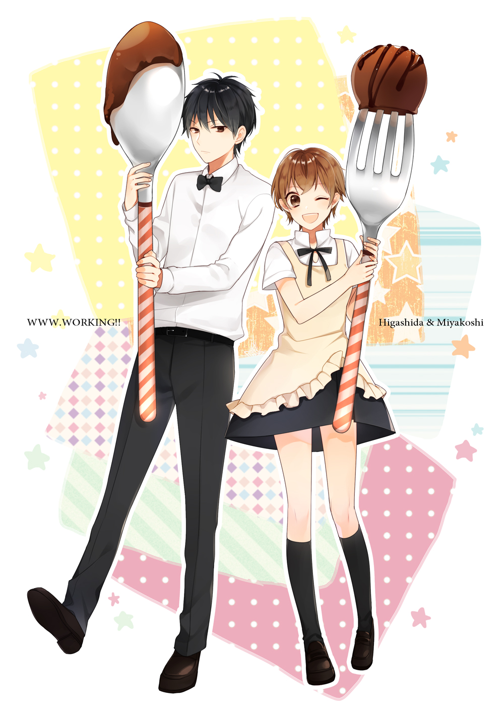 1boy, 1girl, aki_nattsu, apron, black_hair, black_socks, brown_hair, character_name