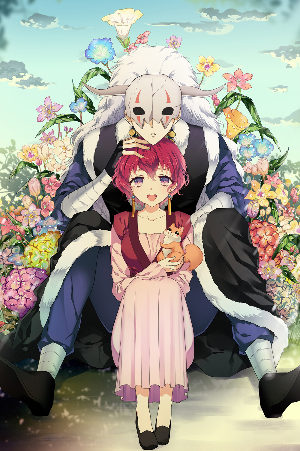 1boy, 1girl, akatsuki_no_yona, ayumi_(xiwu), day, earrings, flower, hand_on_another's_head, highres, jewelry, long_hair, mask, outdoors, purple_eyes, red_hair, shin-ah_(akatsuki_no_yona), sitting, squirrel, tassel, tassel_earrings, water_drop, white_hair, yona_(akatsuki_no_yona)