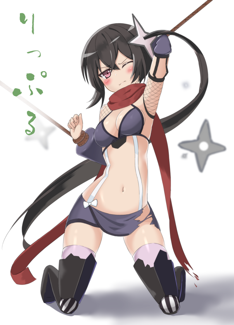 10s, 1girl, bad_id, bad_pixiv_id, bikini, bikini_top_only, black_hair, black_thighhighs