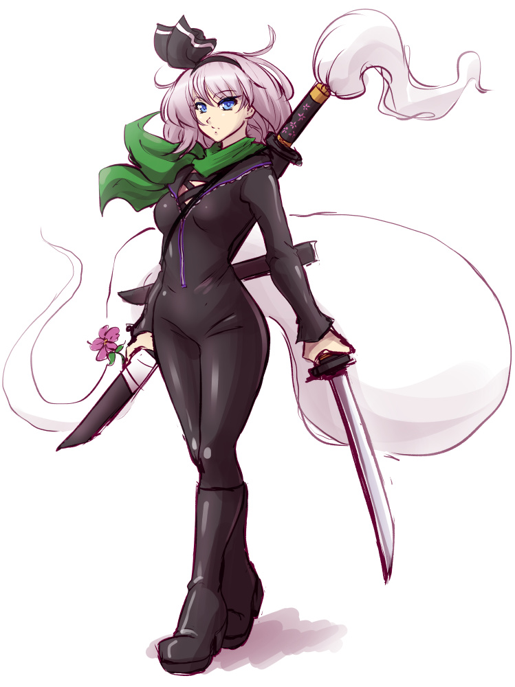 1girl, alternate_costume, biker_clothes, bikesuit, black_boots, black_ribbon, blue_eyes, bodysuit