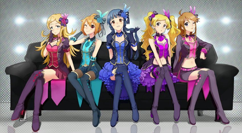 5girls, black_hair, blonde_hair, blue_eyes, breasts, brown_hair, cosplay, couch, elbow_gloves, emily_stewart, gloves, hair_ornament, highres, ibuki_tsubasa, idolmaster, idolmaster_cinderella_girls, idolmaster_cinderella_girls_starlight_stage, idolmaster_million_live!, kitakami_reika, kuuko_(inzm39), crossed_legs, lineup, long_hair, looking_at_viewer, medium_breasts, multiple_girls, navel, one_eye_closed, parody, reflection, shinomiya_karen, short_hair, sitting, small_breasts, thighhighs, tokoro_megumi, tulip_(idolmaster)