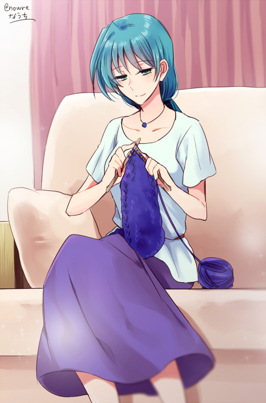 10s, 1girl, apron, bad_id, bad_pixiv_id, blue_eyes, blue_hair, blush