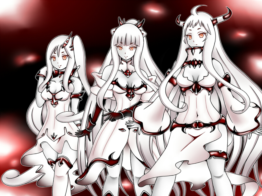 10s, 3girls, abyssal_ship, aged_up, ahoge, armlet, black_gloves, breasts, cleavage, colored_skin, covered_navel, detached_sleeves, dress, elbow_gloves, female_focus, gloves, gradient_background, high_collar, high_ponytail, horns, jewelry, kantai_collection, legband, long_hair, medium_breasts, monochrome, multiple_girls, northeastern_ocean_princess_(roshiakouji-chan), northern_ocean_princess, northern_sea_princess_(roshiakouji-chan), orange_eyes, original, ponytail, roshiakouji-chan, side_ponytail, side_slit, single_horn, smile, very_long_hair, white_dress, white_gloves, white_hair, white_skin, wide_sleeves