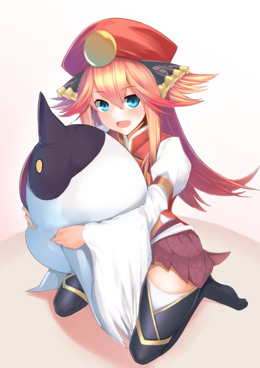 1girl, :d, armlet, black_thighhighs, blue_eyes, blush, brown_skirt, female_focus