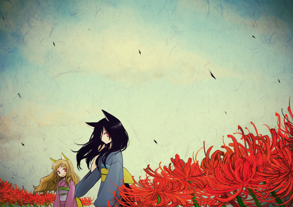 2girls, animal_ears, black_hair, blonde_hair, flower, japanese_clothes, kimono, long_hair