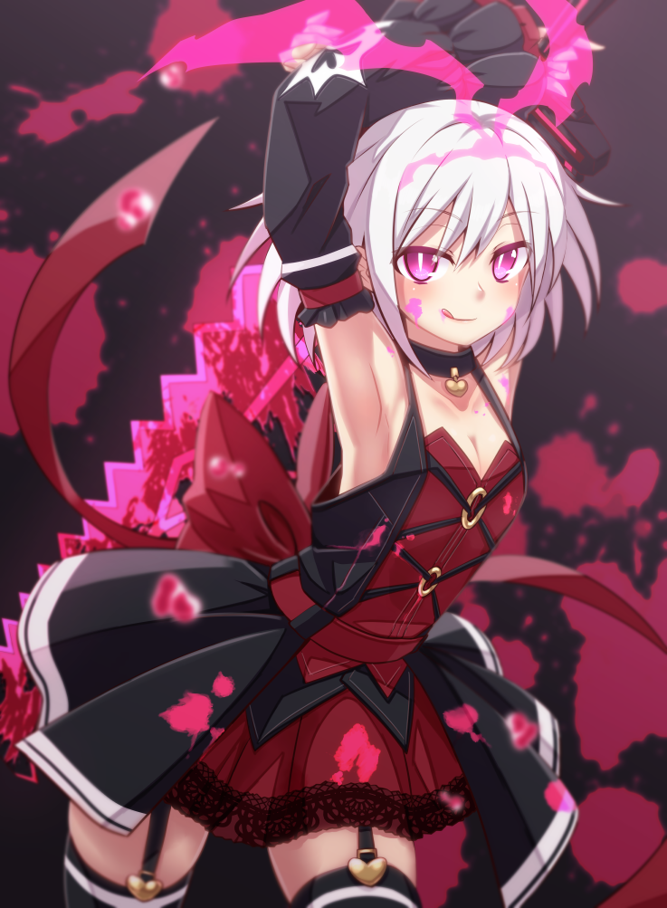 1girl, alice_(mary_skelter), armpits, black_thighhighs, breasts, cleavage, collar, cowboy_shot