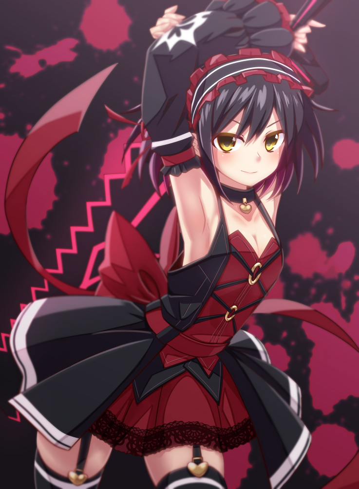 1girl, alice_(mary_skelter), armpits, black_hair, black_thighhighs, breasts, cleavage, collar