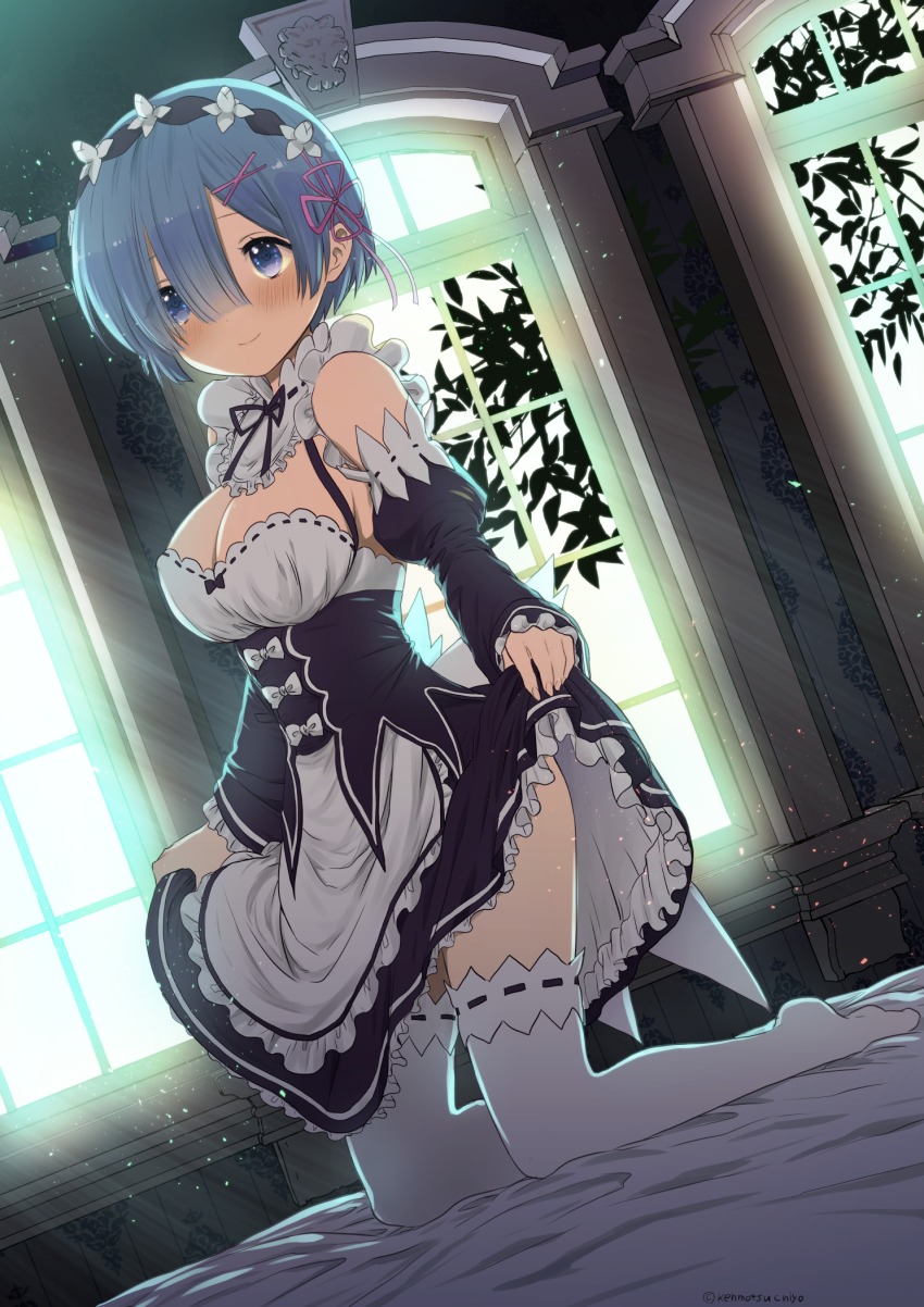 10s, 1girl, blue_eyes, blue_hair, blush, breasts, cleavage, cyonmage