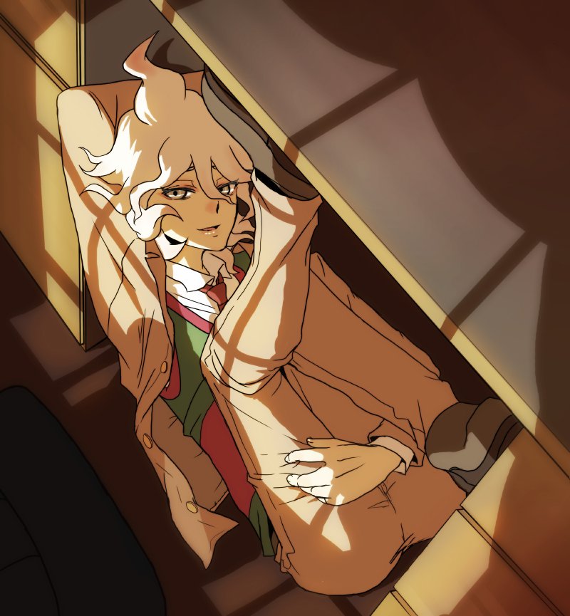 10s, 1boy, arm_up, danganronpa_(series), danganronpa_3_(anime), desk, grey_eyes, komaeda_nagito