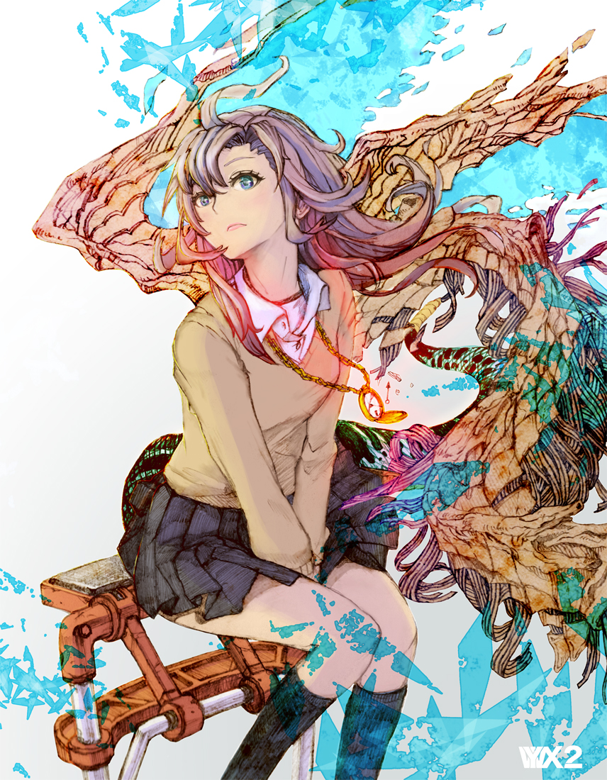 1girl, between_legs, blue_eyes, brown_hair, cardigan, chain, female_focus, hand_between_legs